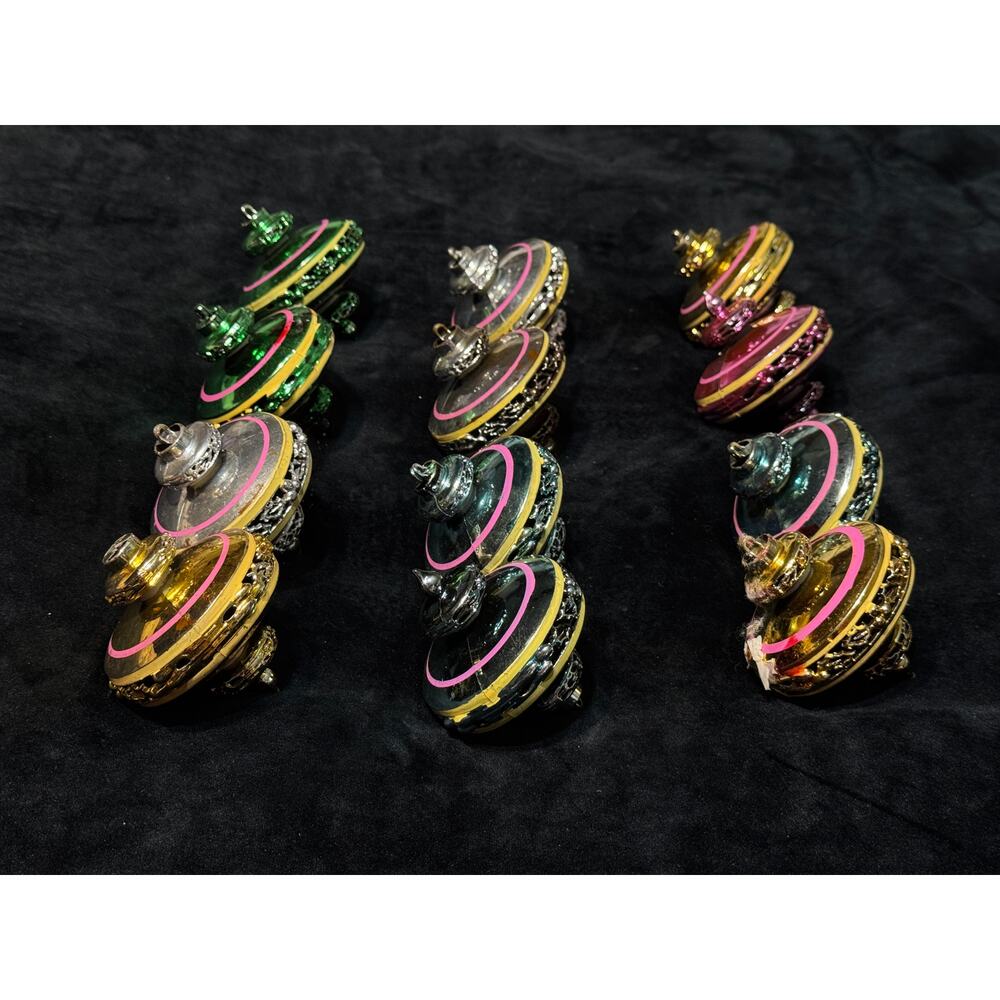 Bradford UFO Spinning Top Vintage Filagree Plastic Ornaments LOT of 12